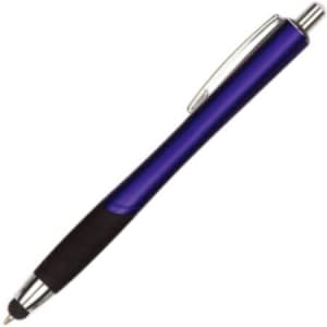 A blue stylus pen with a black grip and silver accents, featuring a clip and a ballpoint tip.