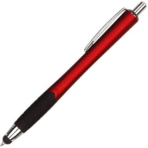 A red stylus pen with a shiny finish and a black grip, featuring a silver clip and detailing.