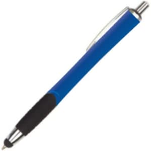 A blue stylus pen with a silver clip and a textured black grip, featuring a branding logo.