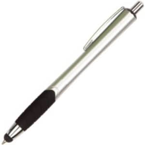 A silver stylus pen featuring a black grip and a chrome clip, with a sleek design and a logo.