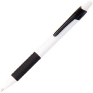 A plastic pen with a black and white design, featuring a textured grip and a clip.