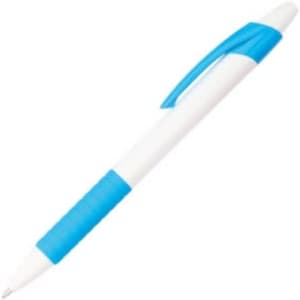 A plastic pen with a blue grip and accents, featuring a white barrel and a clip. It includes a logo.
