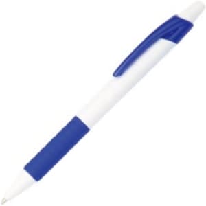 A plastic pen featuring a white body and blue grip, with a blue clip and a logo.