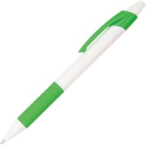 A writing pen with a white barrel and green accents, featuring a grip and a logo.
