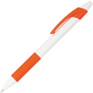 A plastic pen featuring a white body with orange accents and a textured grip. It has a branding logo.