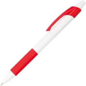 A plastic pen featuring a white barrel and a red grip and clip, with a branding logo.