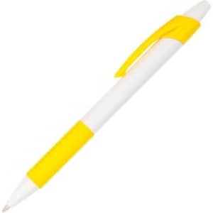 A plastic pen with a white barrel and yellow accents, featuring a clip and grip section.