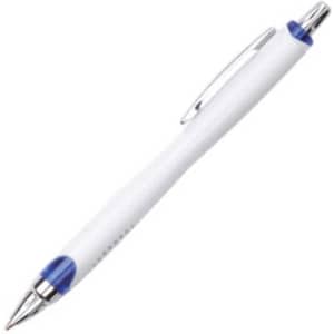 A plastic pen in white with a blue grip and silver accents. It features a clip and a logo.