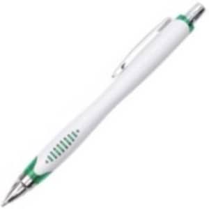 A plastic pen with a white barrel and green accents, featuring a silver clip and grip sections.