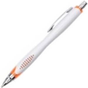 A plastic pen with a white barrel and orange accents, featuring a silver clip and a textured grip section.