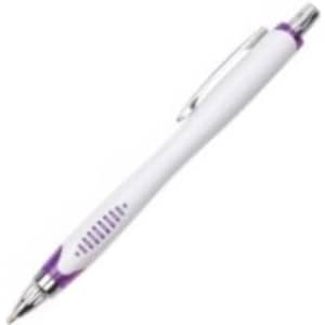 A white plastic pen with a purple accent and a clip, featuring a logo on the body.
