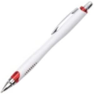 A plastic pen in white with red accents and a silver clip, featuring a logo on the barrel.