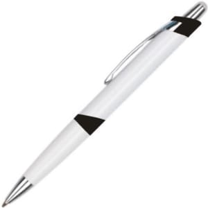 A plastic pen featuring a white body with black accents and a silver clip. It has a sleek design and a logo.