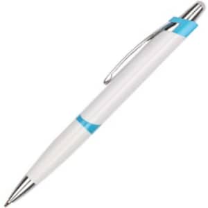 A plastic pen featuring a white body and blue accents, with a metal clip and tip.