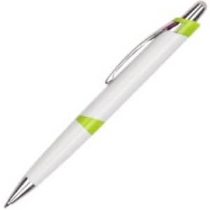 A plastic pen in white with a green accent and a chrome clip, featuring a logo on its side.