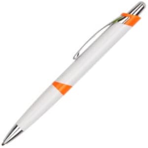 A plastic pen featuring a white body with orange accents and a silver clip. It has a simple, modern design.