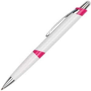 A plastic pen featuring a white body with pink accents and a silver clip. The pen has a sleek design.