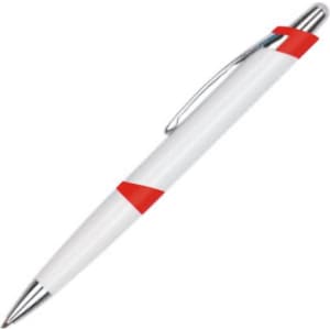 A plastic pen with a white body, red accents, and a silver clip. The pen features a logo.