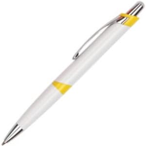 A plastic pen in white with yellow accents and a silver clip is featured. It has a sleek design and branding.