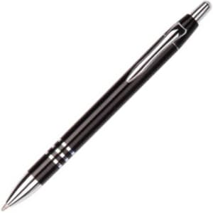A black plastic pen with chrome accents and a clip, featuring a sleek design and a branding logo.