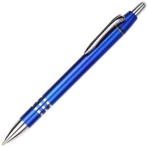 A blue plastic pen with silver accents and a clip, featuring a logo on the barrel.