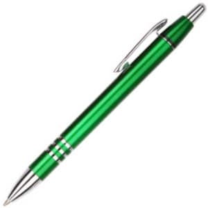 A green plastic pen with chrome accents and a clip for easy attachment. Features a logo on the body.