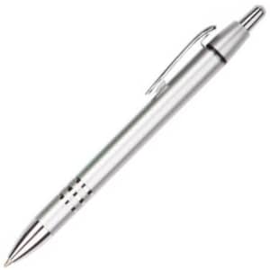 A silver plastic pen with a shiny finish and a clip. The pen features a sleek design and has a branding logo.