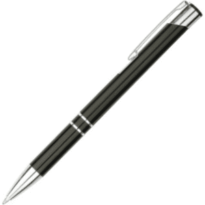 A metal pen in black with silver accents, featuring a sleek design and a clip for easy attachment.
