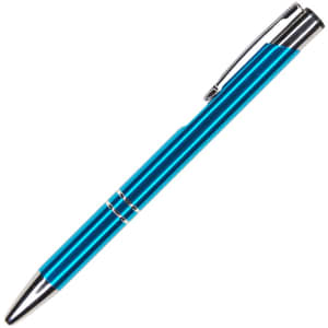 A metal pen in a vibrant blue colour with a shiny chrome clip and detailing. It has a sleek, modern design.