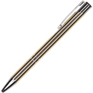 A metal pen featuring a gold barrel and silver accents, complete with a clip and a logo.