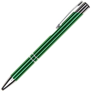 A green metal pen with a silver clip and accents, featuring a sleek, modern design. It has a logo on the body.