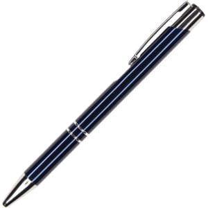 Auzon Pen in dark blue metal with silver accents, featuring a sleek design and branding.