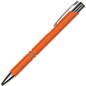 An orange metal pen with a silver clip and trim, featuring a sleek design.