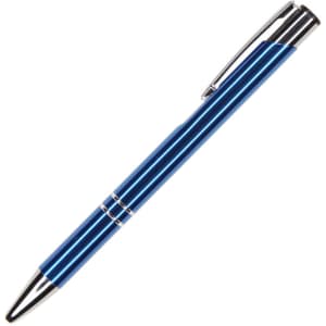 Auzon pen in a vibrant blue colour with silver accents and a sleek metal design. Features a logo on the barrel.
