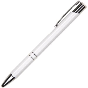 Auzon pen in white with a chrome clip and accents, featuring a sleek design and a brand logo.