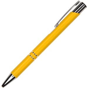 A yellow metal pen with a shiny silver clip and accents. Features a sleek design ideal for writing.