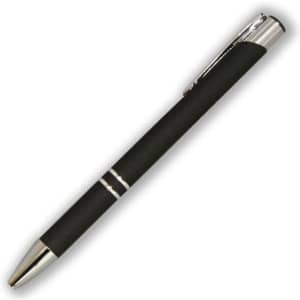 A sleek black metal pen with chrome accents and a smooth grip, featuring a clip and decorative bands.