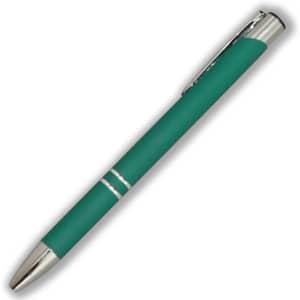 A teal metal pen with a shiny silver clip and decorative silver bands. It features a simple, sleek design.
