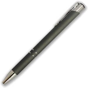 A metal pen in dark grey with a shiny silver clip and accents. The pen features a sleek, modern design.