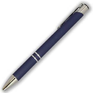 A metal pen in navy blue with silver accents and a clip, featuring a simple design.