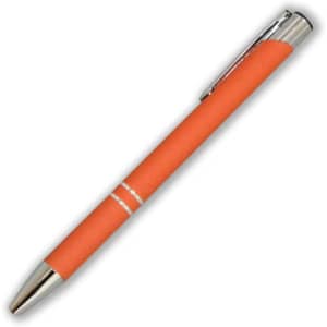 An orange metal pen with a shiny silver clip and detailing. It has a smooth, matte finish.