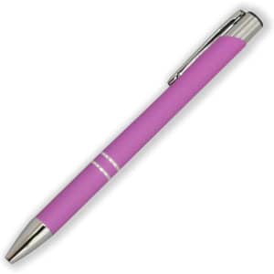 A pink metal pen with a shiny silver clip and accents. It features a smooth, sleek design.