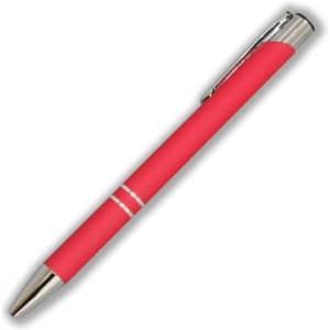 A metal pen with a vibrant pink finish and a metallic clip. It features silver detailing.