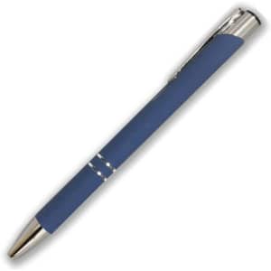 A blue metal pen with a shiny silver clip and decorative metallic bands. The pen features a smooth, contemporary design.