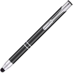A black stylus pen featuring a silver clip and accents, designed for writing and touchscreen use.