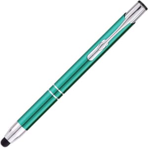 A teal stylus pen with a chrome clip and tip, featuring a sleek, modern design and a logo.