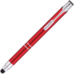 A red stylus pen with silver accents and a logo on the side.