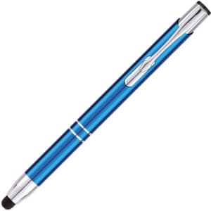 A blue stylus pen with silver accents and a rubber tip for touchscreen use. It features a branding logo.