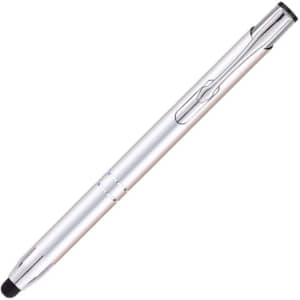 A stylus pen in silver with a smooth finish and a black tip, featuring a simplistic design and branding.