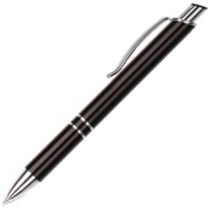 A black metal pen with shiny silver accents and a clip, featuring a sleek and elegant design.